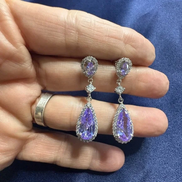 Earrings Sterling Silver White Gold Over Cubic Zirconia - Picture 2 of 4